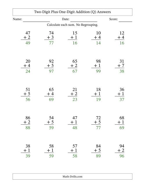The Two-Digit Plus One-Digit Addition With No Regrouping – 25 Questions (Q) Math Worksheet Page 2