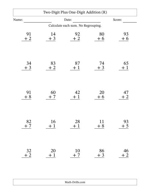 The Two-Digit Plus One-Digit Addition With No Regrouping – 25 Questions (R) Math Worksheet