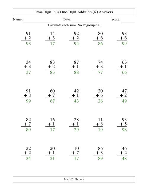 The Two-Digit Plus One-Digit Addition With No Regrouping – 25 Questions (R) Math Worksheet Page 2