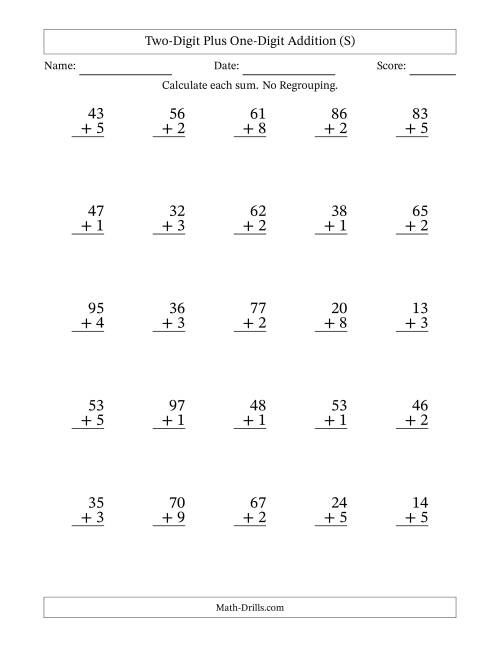 The Two-Digit Plus One-Digit Addition With No Regrouping – 25 Questions (S) Math Worksheet
