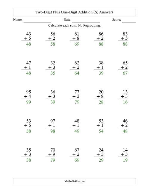 The Two-Digit Plus One-Digit Addition With No Regrouping – 25 Questions (S) Math Worksheet Page 2