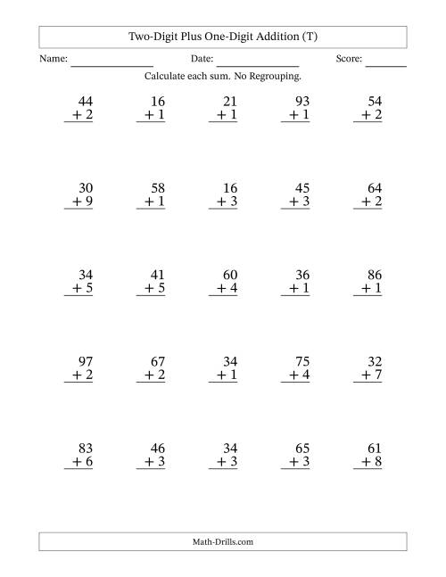 The Two-Digit Plus One-Digit Addition With No Regrouping – 25 Questions (T) Math Worksheet