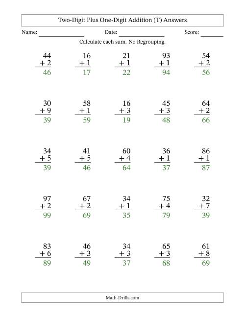 The Two-Digit Plus One-Digit Addition With No Regrouping – 25 Questions (T) Math Worksheet Page 2