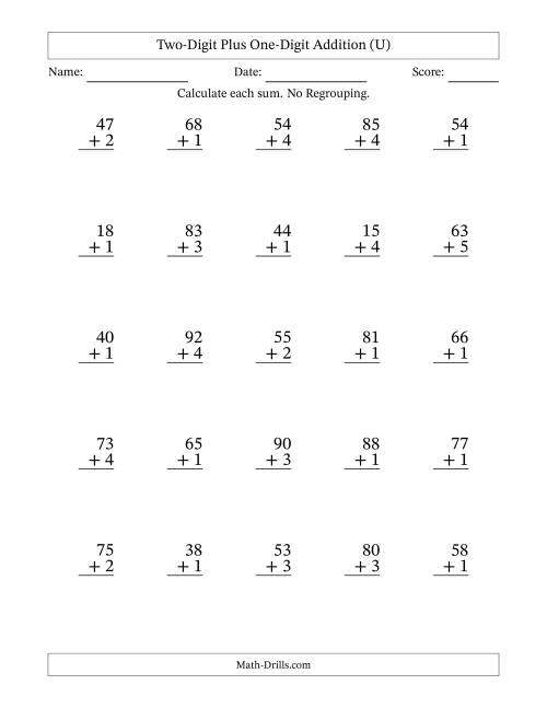 The Two-Digit Plus One-Digit Addition With No Regrouping – 25 Questions (U) Math Worksheet
