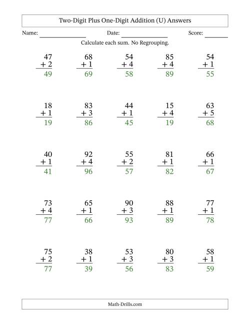 The Two-Digit Plus One-Digit Addition With No Regrouping – 25 Questions (U) Math Worksheet Page 2