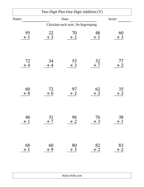 The Two-Digit Plus One-Digit Addition With No Regrouping – 25 Questions (V) Math Worksheet