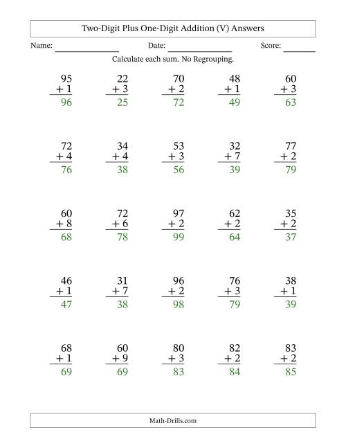 The Two-Digit Plus One-Digit Addition With No Regrouping – 25 Questions (V) Math Worksheet Page 2