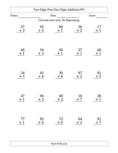 The Two-Digit Plus One-Digit Addition With No Regrouping – 25 Questions (W) Math Worksheet