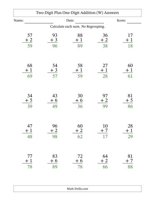 The Two-Digit Plus One-Digit Addition With No Regrouping – 25 Questions (W) Math Worksheet Page 2