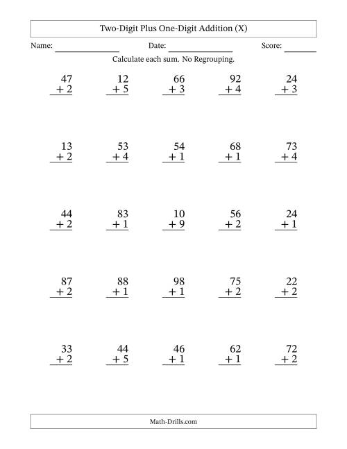 The Two-Digit Plus One-Digit Addition With No Regrouping – 25 Questions (X) Math Worksheet