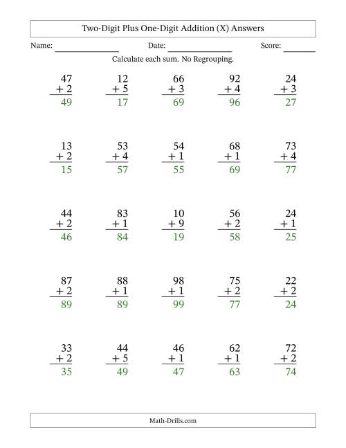 The Two-Digit Plus One-Digit Addition With No Regrouping – 25 Questions (X) Math Worksheet Page 2