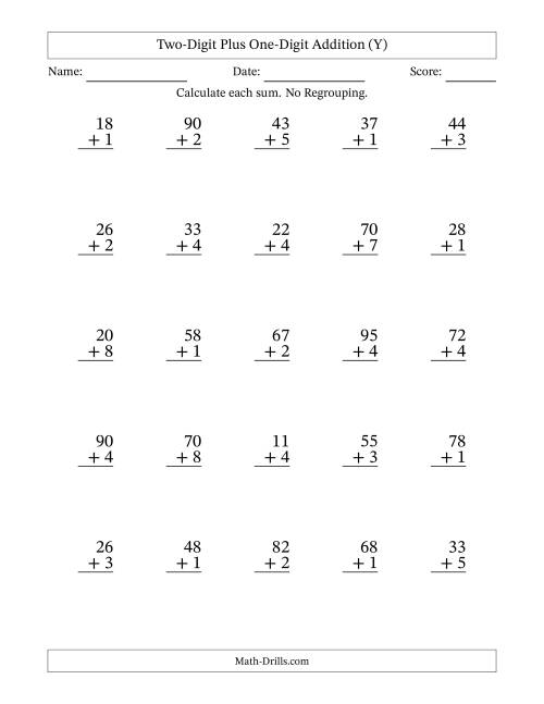 The Two-Digit Plus One-Digit Addition With No Regrouping – 25 Questions (Y) Math Worksheet
