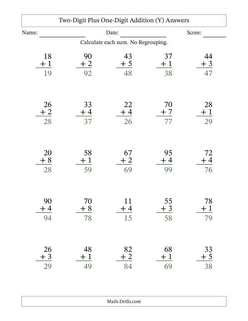 The Two-Digit Plus One-Digit Addition With No Regrouping – 25 Questions (Y) Math Worksheet Page 2