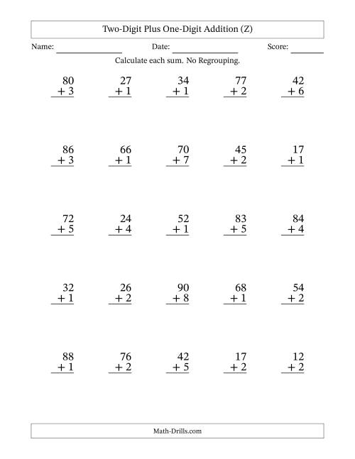 The Two-Digit Plus One-Digit Addition With No Regrouping – 25 Questions (Z) Math Worksheet