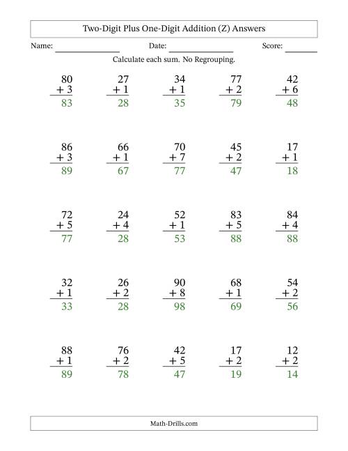 The Two-Digit Plus One-Digit Addition With No Regrouping – 25 Questions (Z) Math Worksheet Page 2