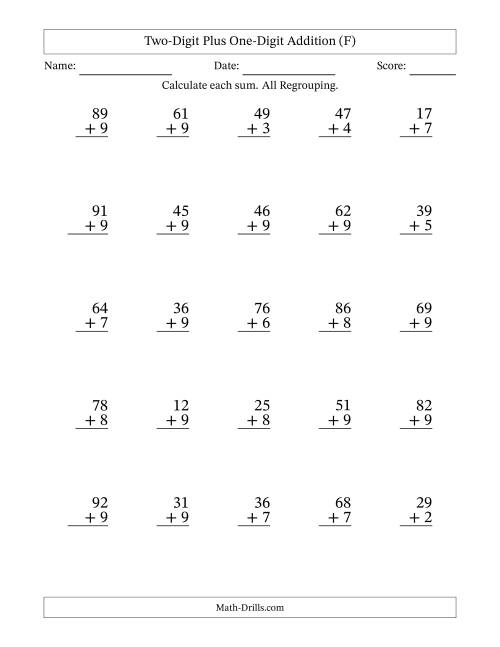 The Two-Digit Plus One-Digit Addition With All Regrouping – 25 Questions (F) Math Worksheet
