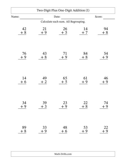 The Two-Digit Plus One-Digit Addition With All Regrouping – 25 Questions (I) Math Worksheet