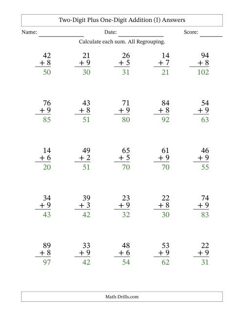 The Two-Digit Plus One-Digit Addition With All Regrouping – 25 Questions (I) Math Worksheet Page 2