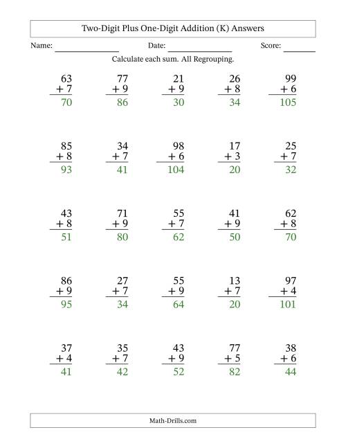 The Two-Digit Plus One-Digit Addition With All Regrouping – 25 Questions (K) Math Worksheet Page 2