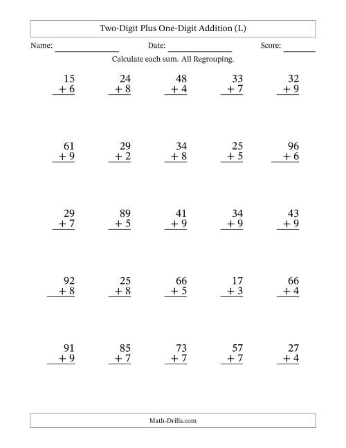 The Two-Digit Plus One-Digit Addition With All Regrouping – 25 Questions (L) Math Worksheet