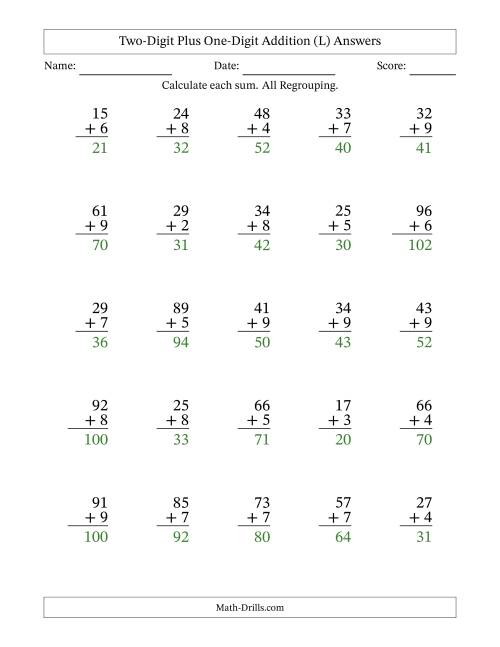 The Two-Digit Plus One-Digit Addition With All Regrouping – 25 Questions (L) Math Worksheet Page 2