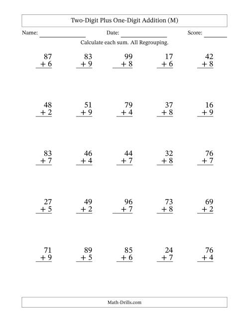 The Two-Digit Plus One-Digit Addition With All Regrouping – 25 Questions (M) Math Worksheet