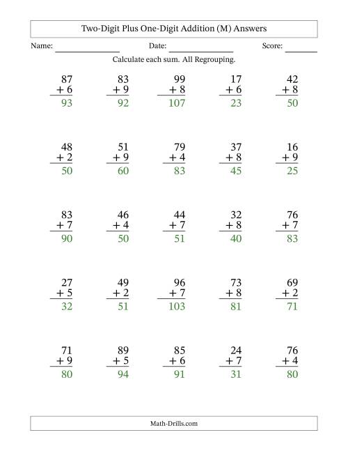 The Two-Digit Plus One-Digit Addition With All Regrouping – 25 Questions (M) Math Worksheet Page 2