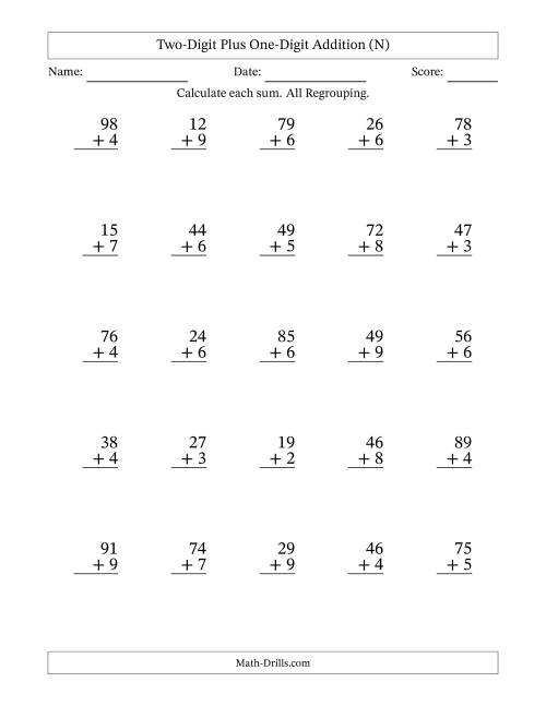 The Two-Digit Plus One-Digit Addition With All Regrouping – 25 Questions (N) Math Worksheet