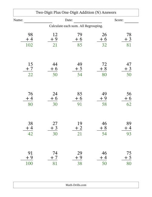 The Two-Digit Plus One-Digit Addition With All Regrouping – 25 Questions (N) Math Worksheet Page 2