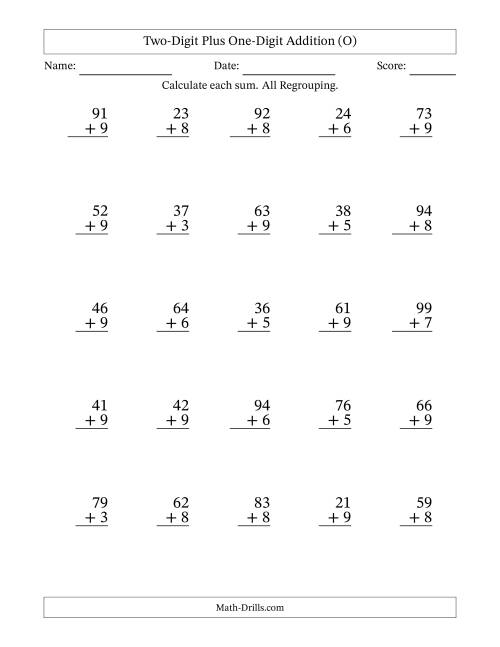 The Two-Digit Plus One-Digit Addition With All Regrouping – 25 Questions (O) Math Worksheet