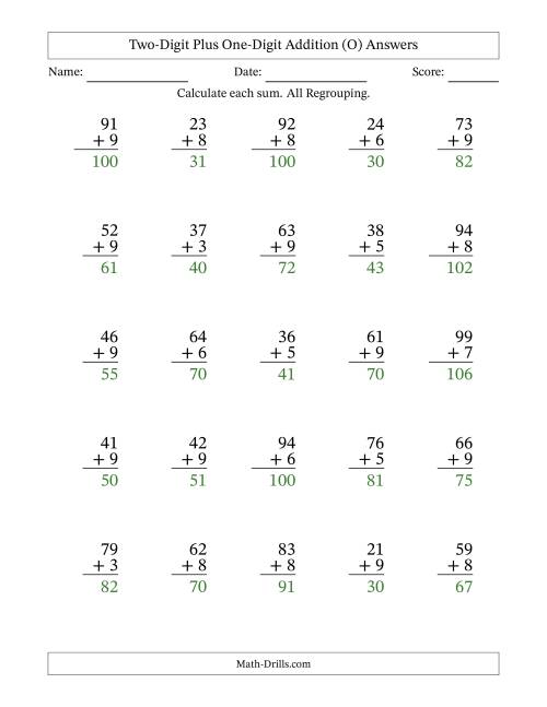 The Two-Digit Plus One-Digit Addition With All Regrouping – 25 Questions (O) Math Worksheet Page 2