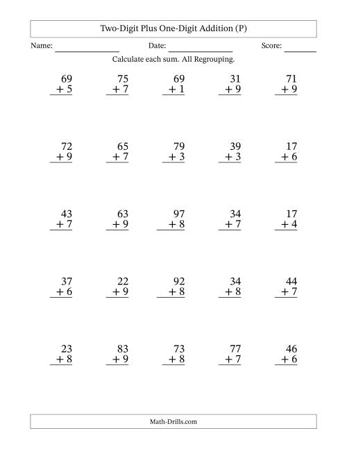The Two-Digit Plus One-Digit Addition With All Regrouping – 25 Questions (P) Math Worksheet