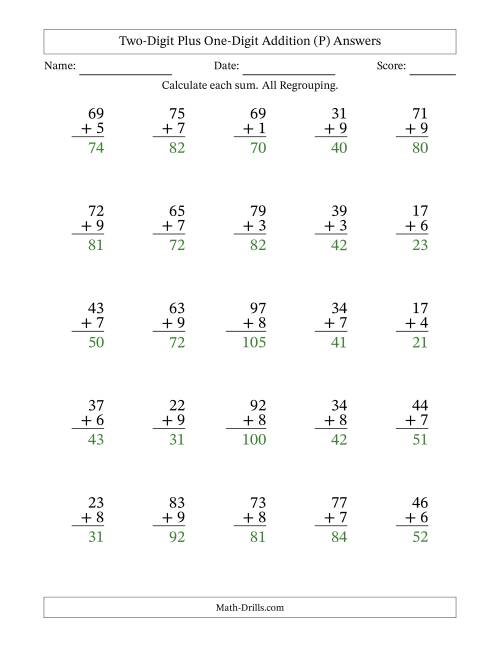 The Two-Digit Plus One-Digit Addition With All Regrouping – 25 Questions (P) Math Worksheet Page 2