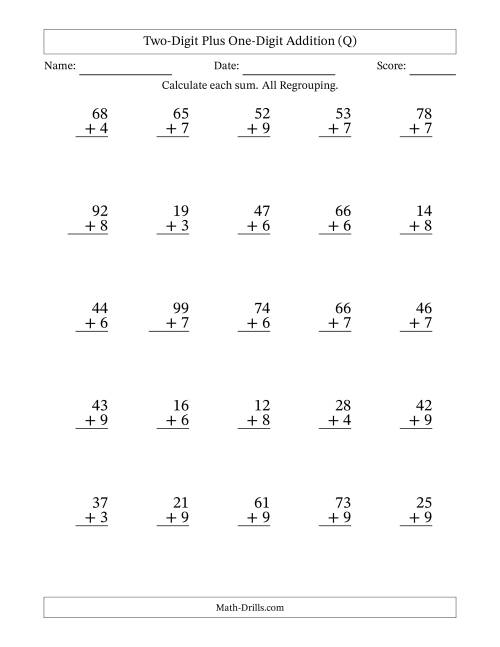 The Two-Digit Plus One-Digit Addition With All Regrouping – 25 Questions (Q) Math Worksheet