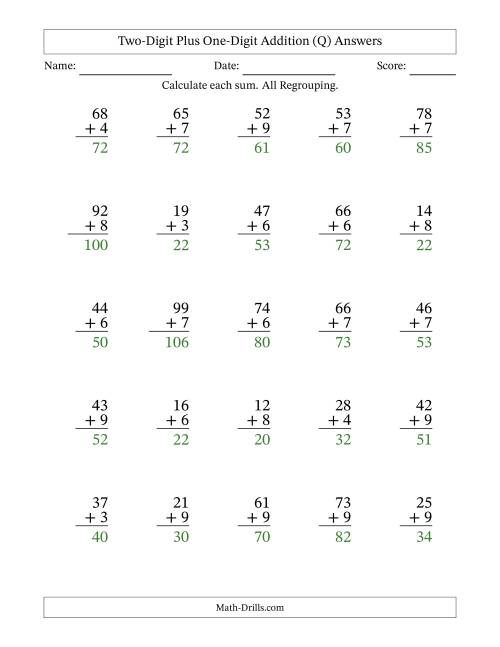The Two-Digit Plus One-Digit Addition With All Regrouping – 25 Questions (Q) Math Worksheet Page 2