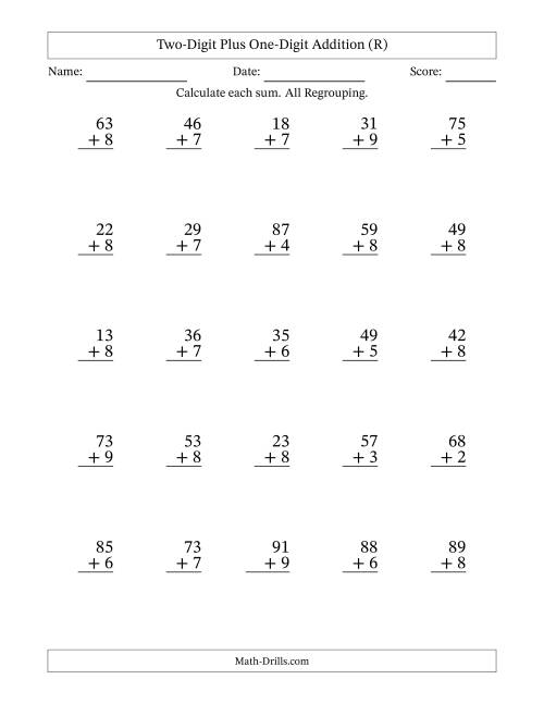 The Two-Digit Plus One-Digit Addition With All Regrouping – 25 Questions (R) Math Worksheet