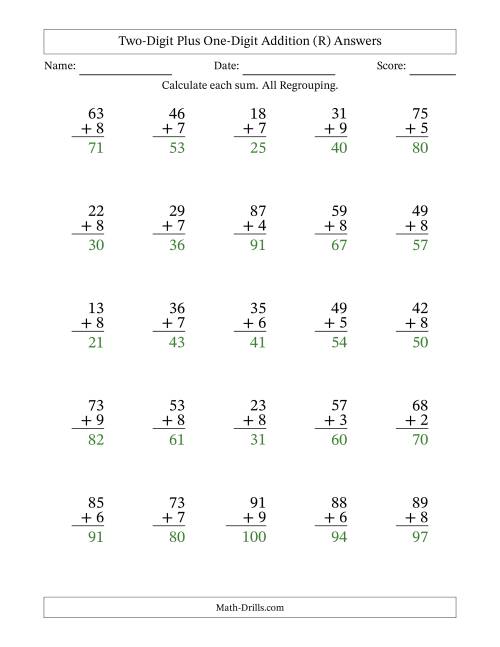 The Two-Digit Plus One-Digit Addition With All Regrouping – 25 Questions (R) Math Worksheet Page 2