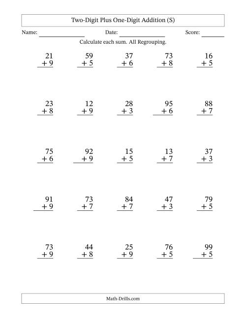The Two-Digit Plus One-Digit Addition With All Regrouping – 25 Questions (S) Math Worksheet