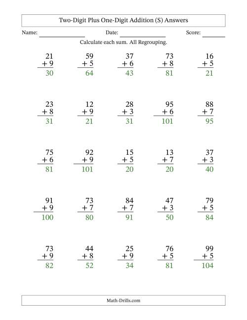 The Two-Digit Plus One-Digit Addition With All Regrouping – 25 Questions (S) Math Worksheet Page 2