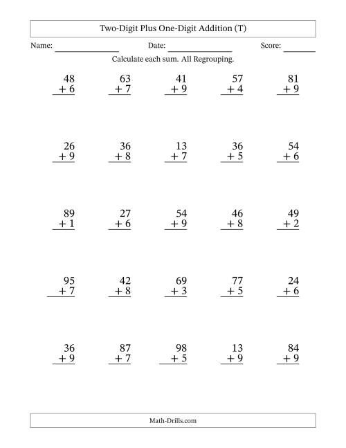 The Two-Digit Plus One-Digit Addition With All Regrouping – 25 Questions (T) Math Worksheet