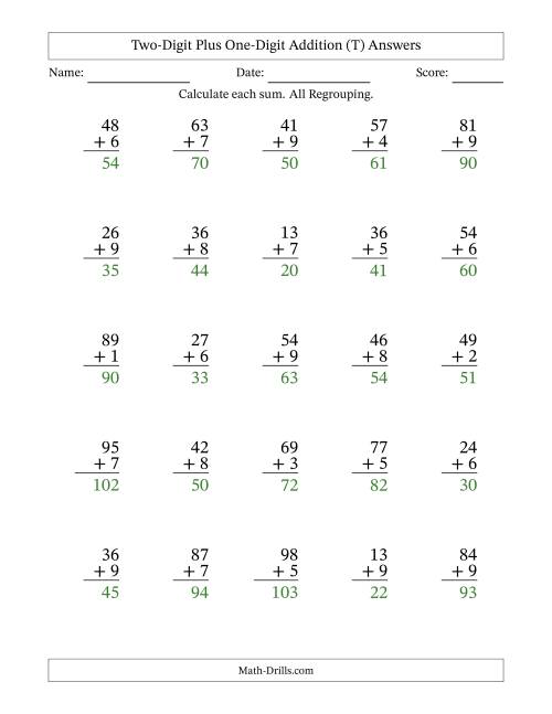 The Two-Digit Plus One-Digit Addition With All Regrouping – 25 Questions (T) Math Worksheet Page 2