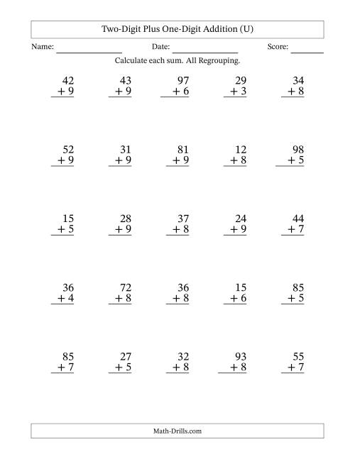 The Two-Digit Plus One-Digit Addition With All Regrouping – 25 Questions (U) Math Worksheet