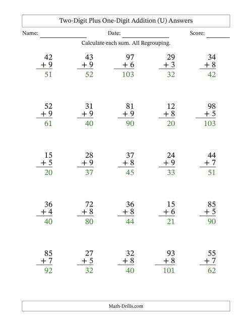 The Two-Digit Plus One-Digit Addition With All Regrouping – 25 Questions (U) Math Worksheet Page 2