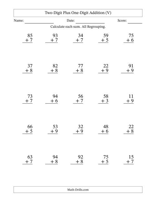 The Two-Digit Plus One-Digit Addition With All Regrouping – 25 Questions (V) Math Worksheet