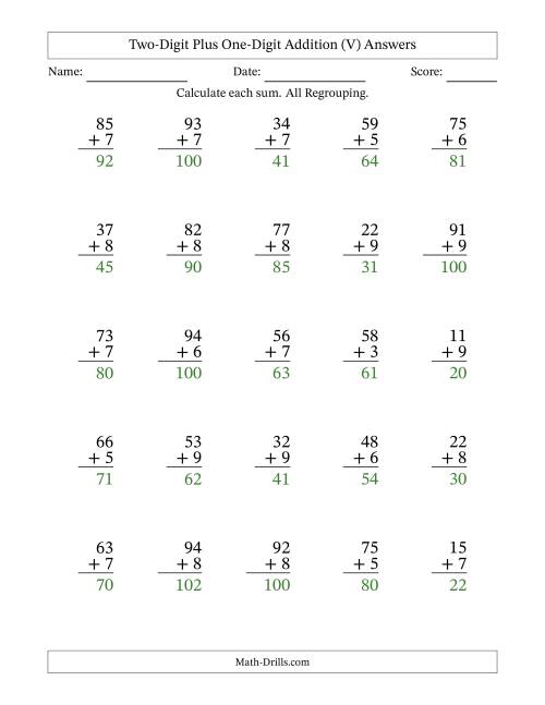 The Two-Digit Plus One-Digit Addition With All Regrouping – 25 Questions (V) Math Worksheet Page 2