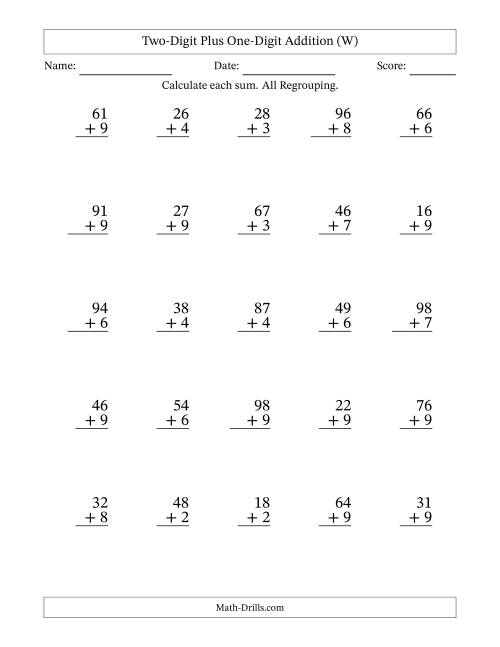 The Two-Digit Plus One-Digit Addition With All Regrouping – 25 Questions (W) Math Worksheet