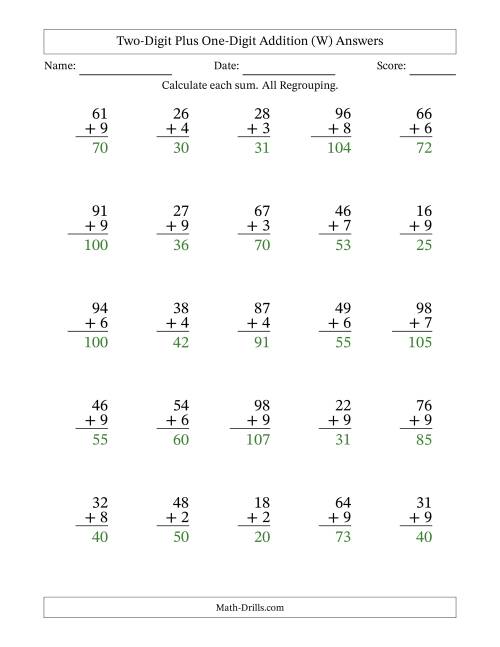 The Two-Digit Plus One-Digit Addition With All Regrouping – 25 Questions (W) Math Worksheet Page 2