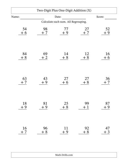 The Two-Digit Plus One-Digit Addition With All Regrouping – 25 Questions (X) Math Worksheet
