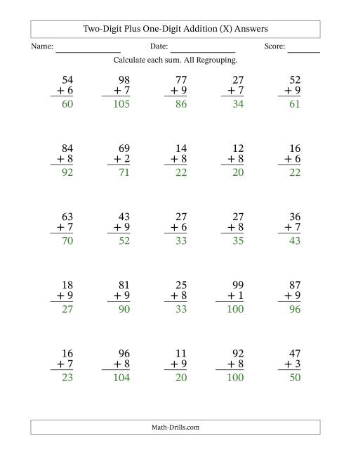 The Two-Digit Plus One-Digit Addition With All Regrouping – 25 Questions (X) Math Worksheet Page 2