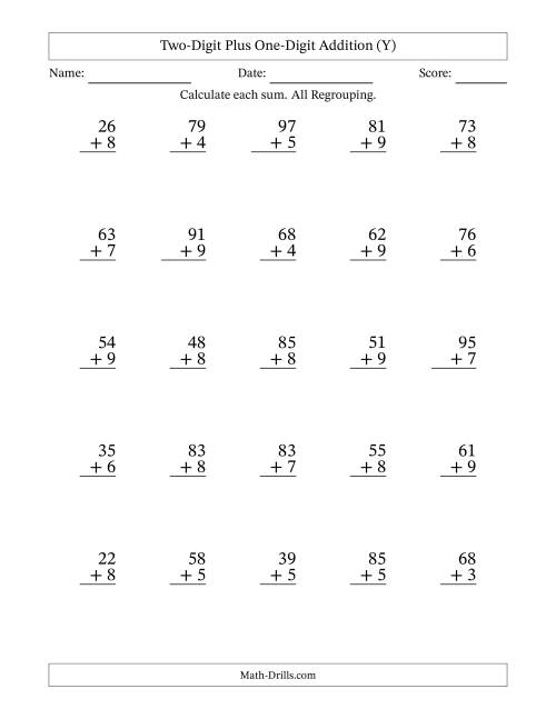 The Two-Digit Plus One-Digit Addition With All Regrouping – 25 Questions (Y) Math Worksheet